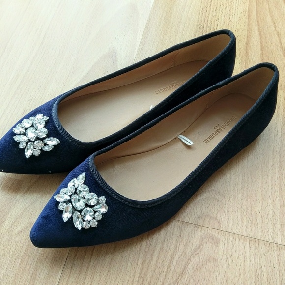 navy blue velvet flats